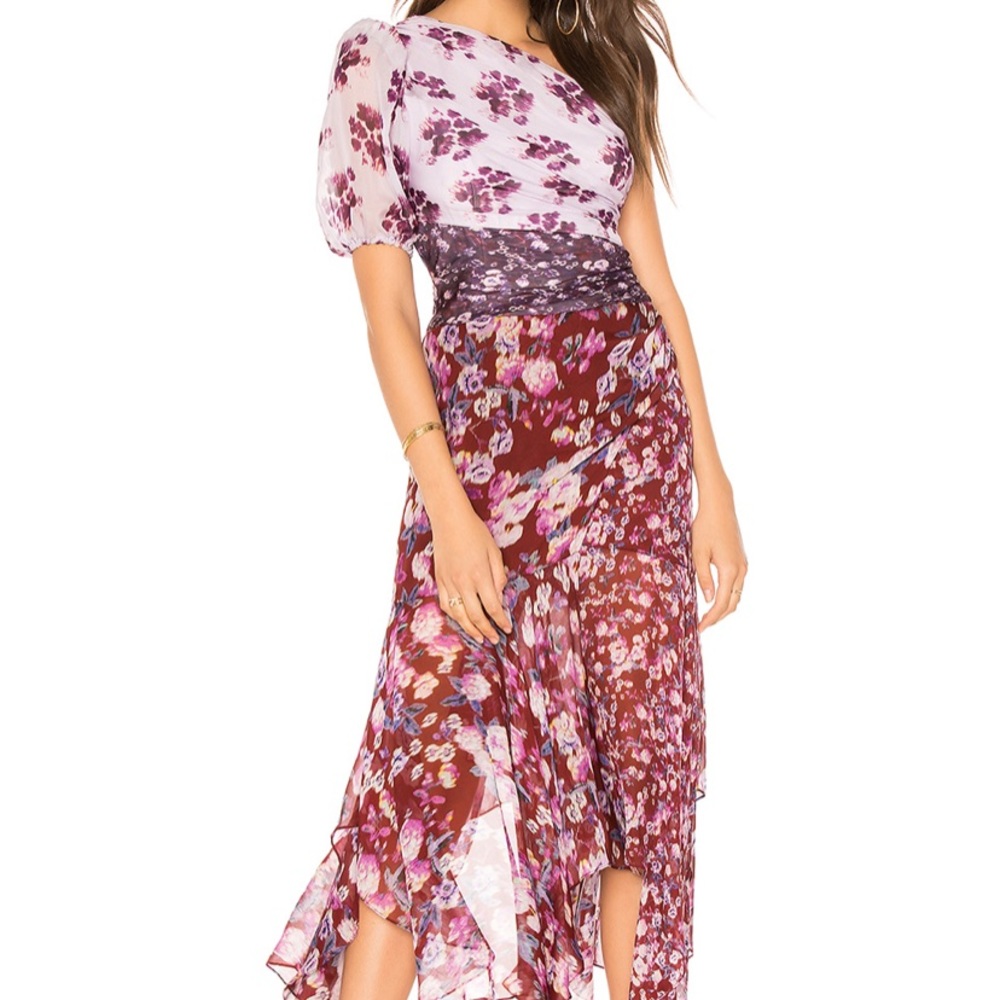 Amur Floral Print One Shoulder Chiffon Midi Dress